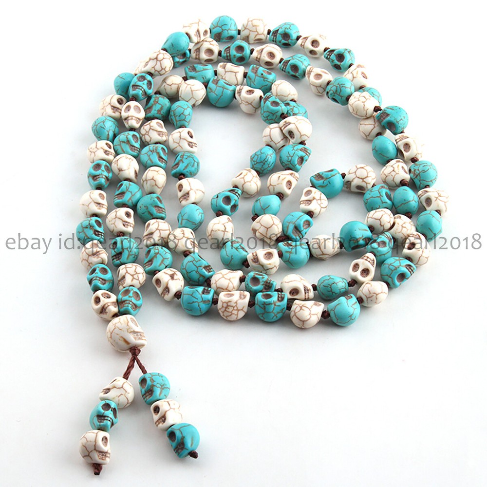 Blue White Turquoise Carve Skull 10x12mm 108 Prayer Beads Buddhist Mala Necklace