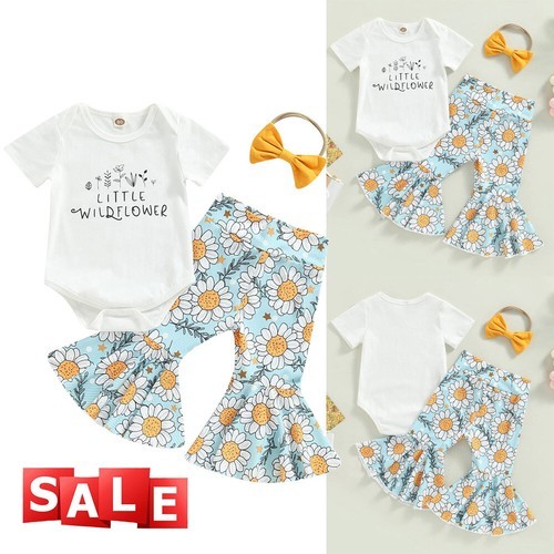 Baby Girl Bell Bottom Infant Clothes Ruffle Romper Tops Flare Pant Headband Set
