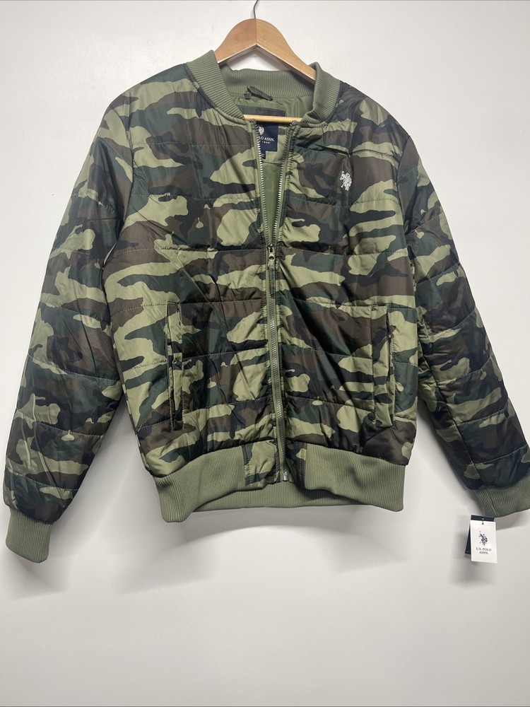 Men's US Polo Assn Camo Quilted Puffer Jacket Size Medium Full Zip  