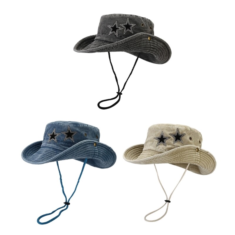 Washed Large Brim Rhinestone Star Fisherman Sun Hat