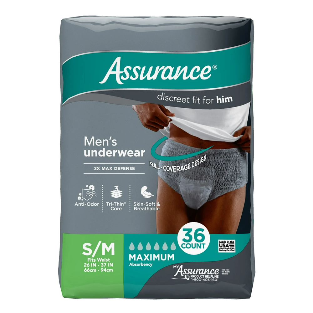 Assurance Men's Underwear, Maximum Absorbency, Size S/M, 72 CT