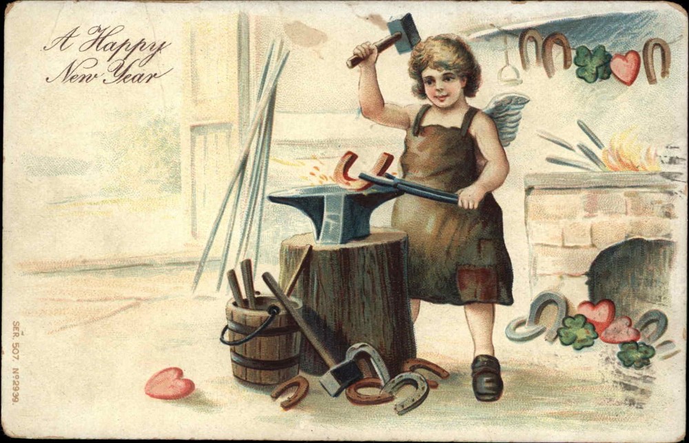 New Years Cherub Forges Horseshoes Embossed c1900-20s Vintage Postcard-image