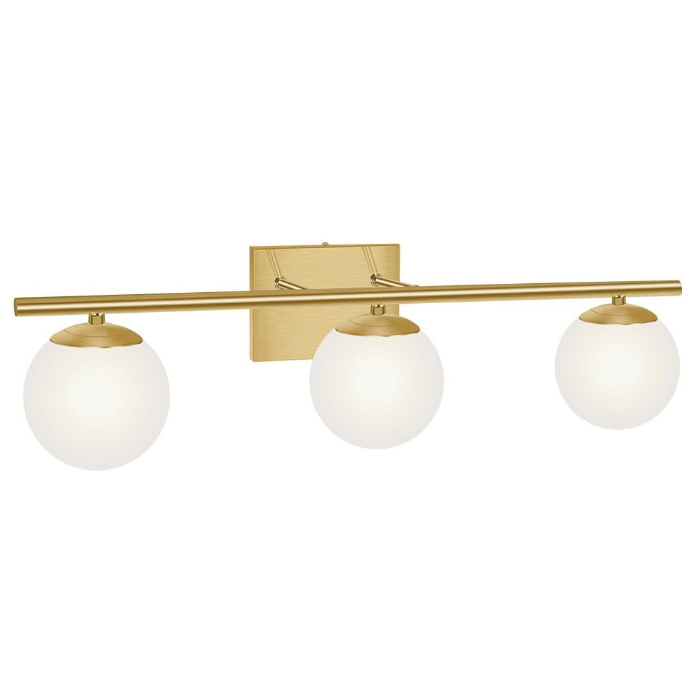 Brushed Brass Bathroom Vanity Light with 3 Milk White Globe Lights