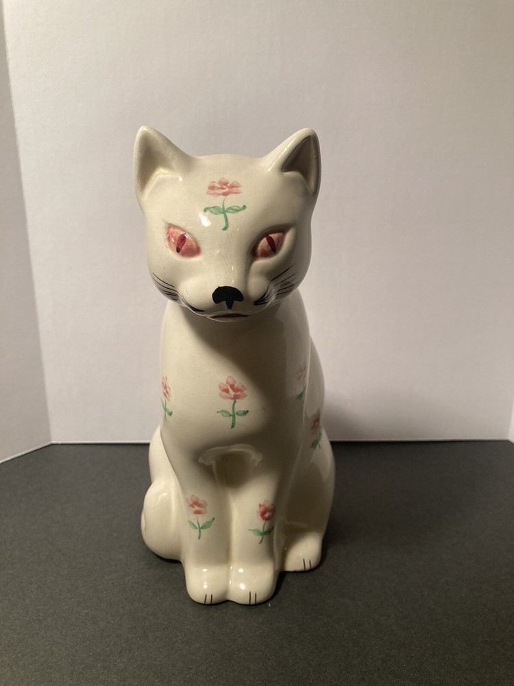 8 inch white Cat Figurine with pink eyes and flower accents, home decor