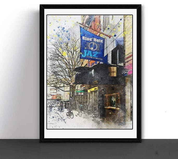 Blue Note Jazz Club Watercolor Art Print Poster Ink Sketch