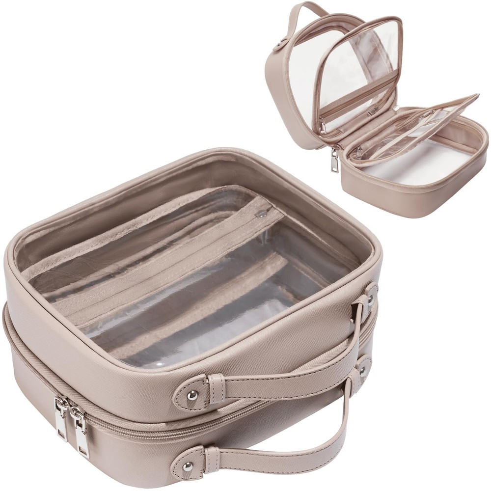 2-Layer Clear Travel Toiletry Bag for Makeup & Cosmetics with 4 Compartments