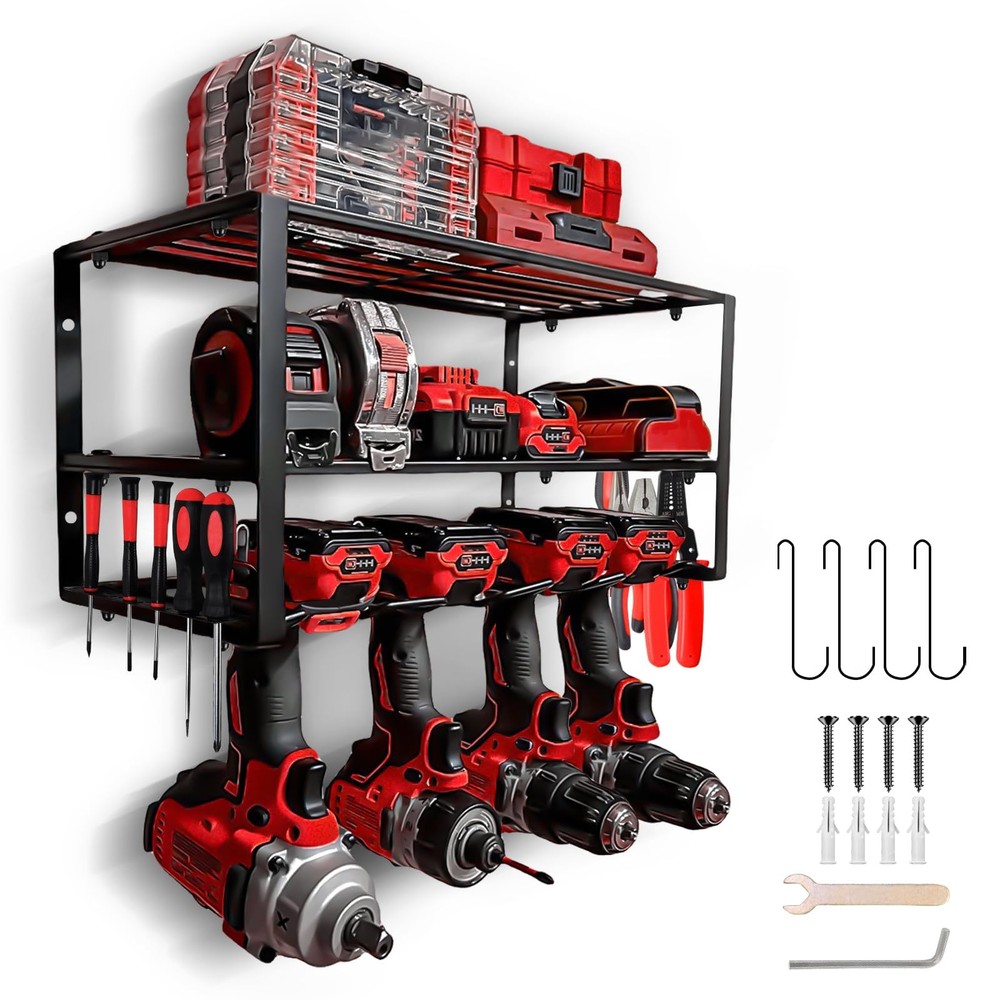 3-Layer Wall Mount Garage Storage Rack for Power Tools & 4 Drills