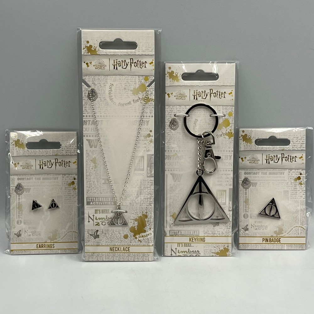 Harry Potter Deathly Hallows Jewelry Set Necklace Pin Badge Keyring Earrings