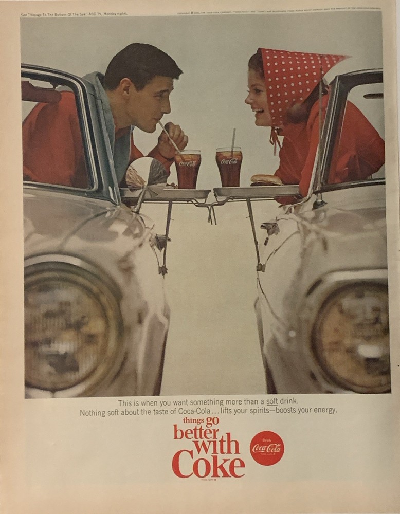 1965 Coca-Cola PRINT AD Car Hop Drive In Couple VTG 60s Things Go Better w Coke