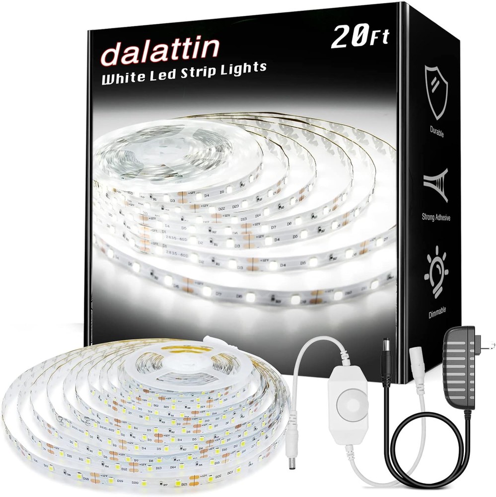 Dalattin 20ft White LED Strip Lights Dimmable Super Bright 6500K