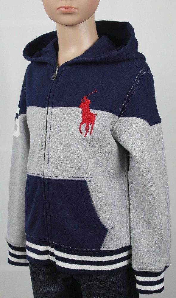 POLO Ralph Lauren Kids Grey Navy Blue Striped Big Pony Hoodie NWT