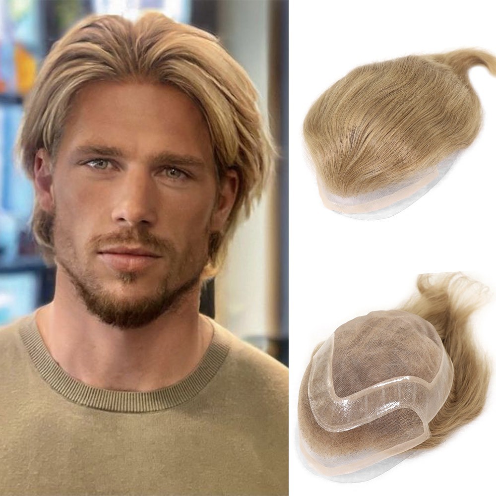 Mens Toupee Hairpiece Fine Mono Poly Human Hair Replacement System Wigs for Men