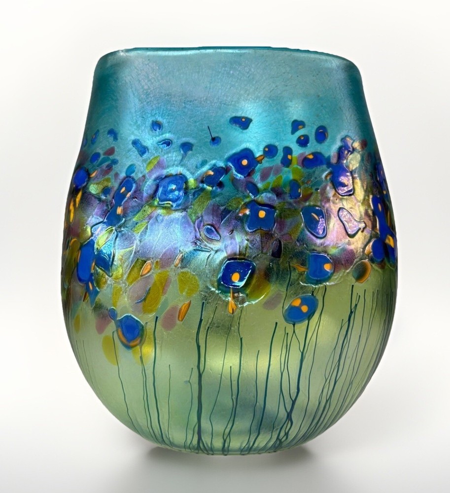 Robert Held Signed Canadian Art Glass Hand Blown Vase Iridescent Poppy Flowers