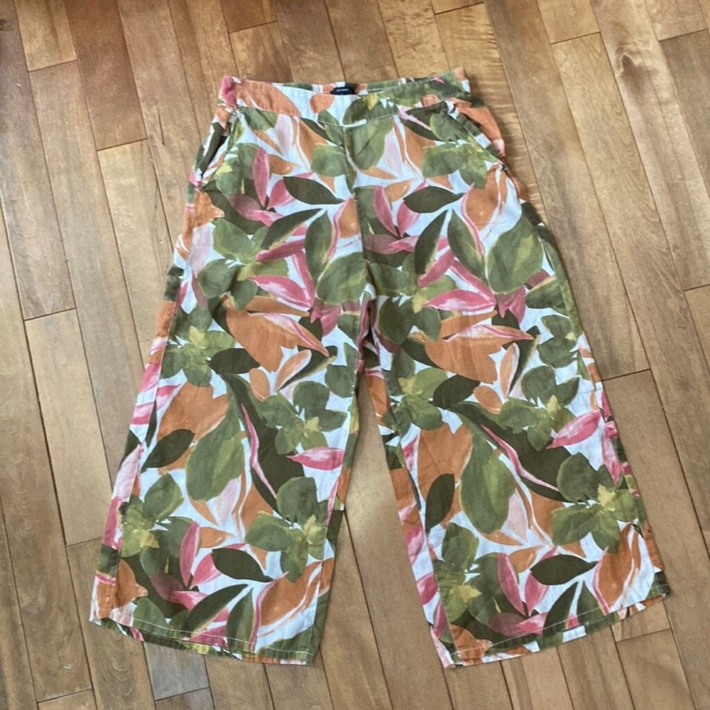Tahari Linen Pants Size L Wide Leg Colorful Tropical Print Elastic Waist Cropped