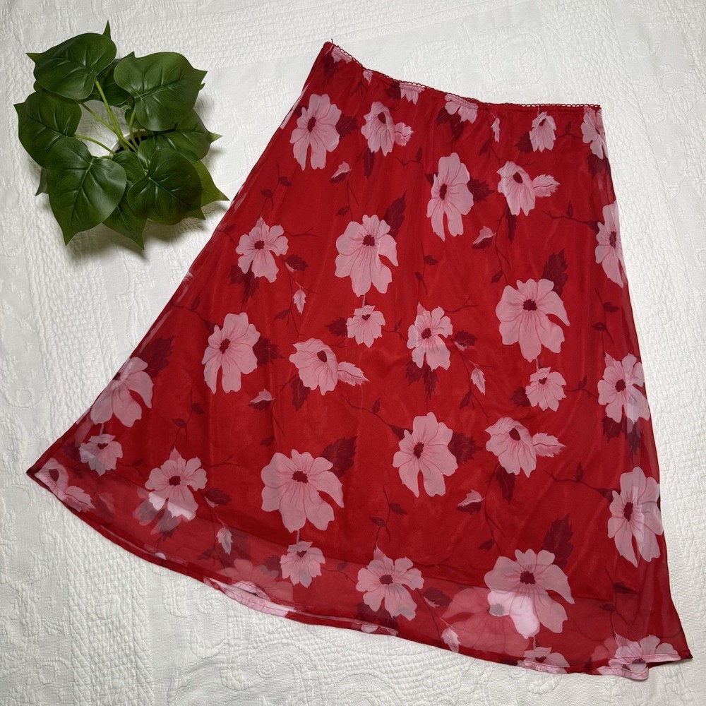 Vintage y2k Red Skirt floral flow  Size 22 / 24 Maxi / Ankle Length