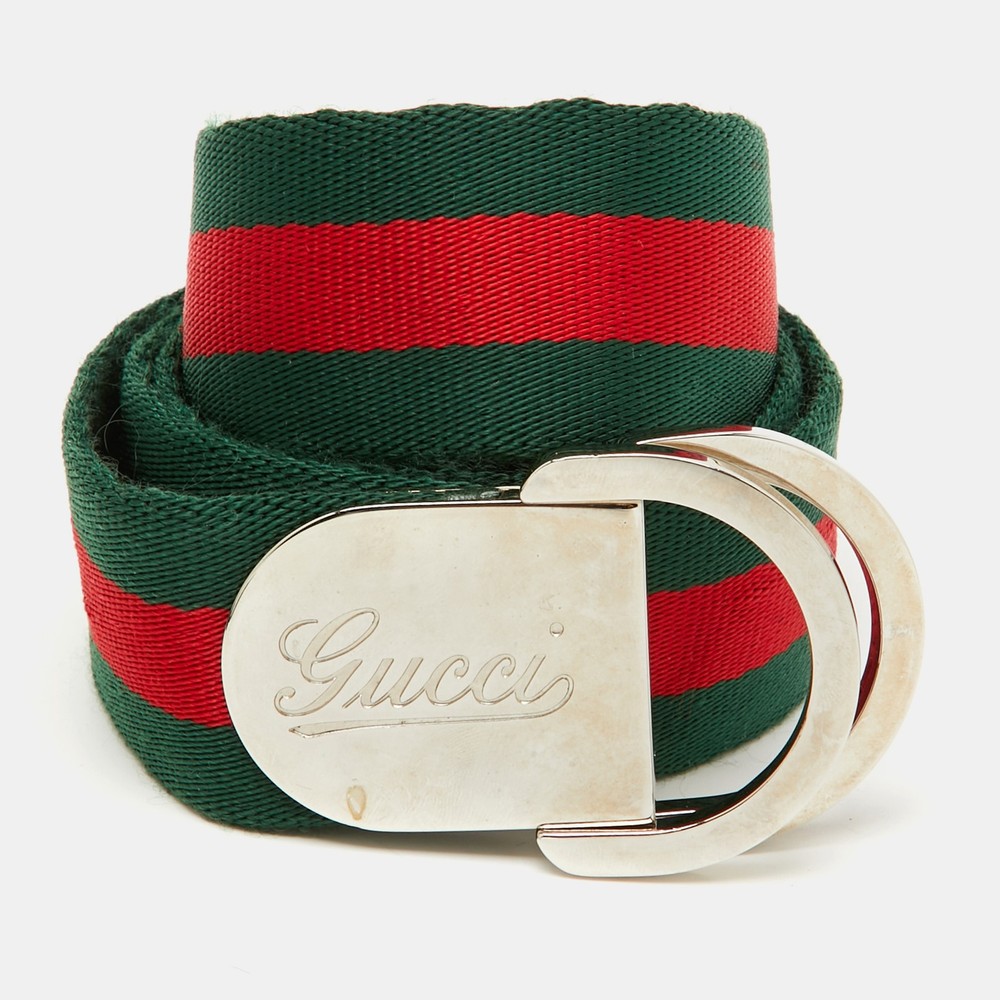 Gucci Green and Red Web Fabric Buckle Belt 90cm