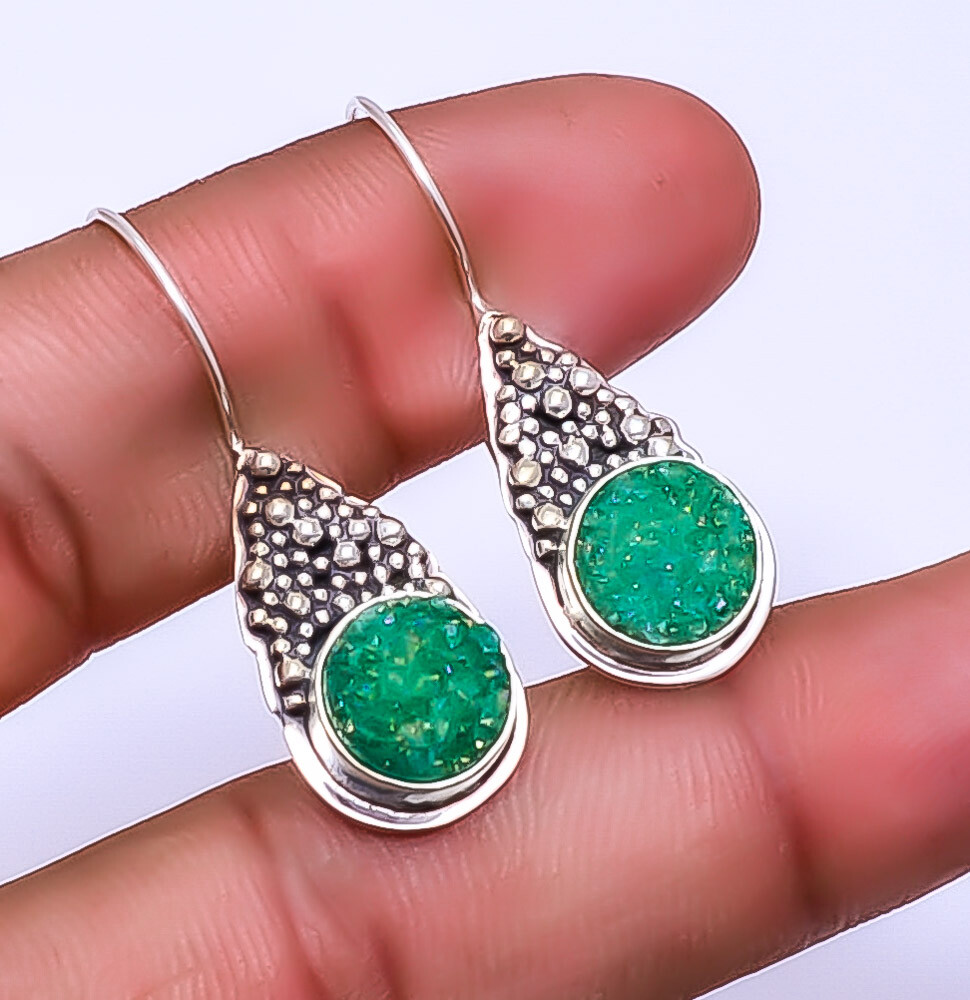 Titanium Green Quartz Druzy - India Handmade 925 Sterling Silver Earring 1.56