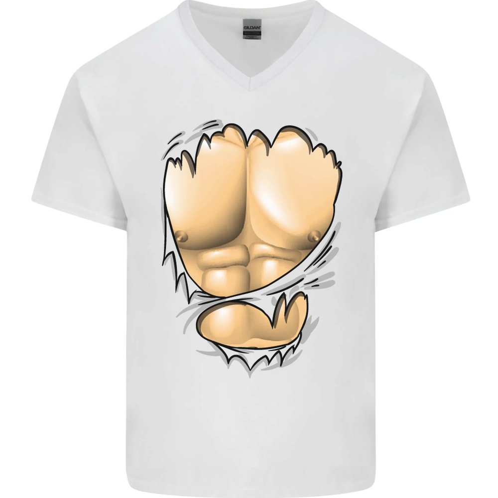 Gym Ripped Muscles Effect Mens V-Neck Cotton T-Shirt