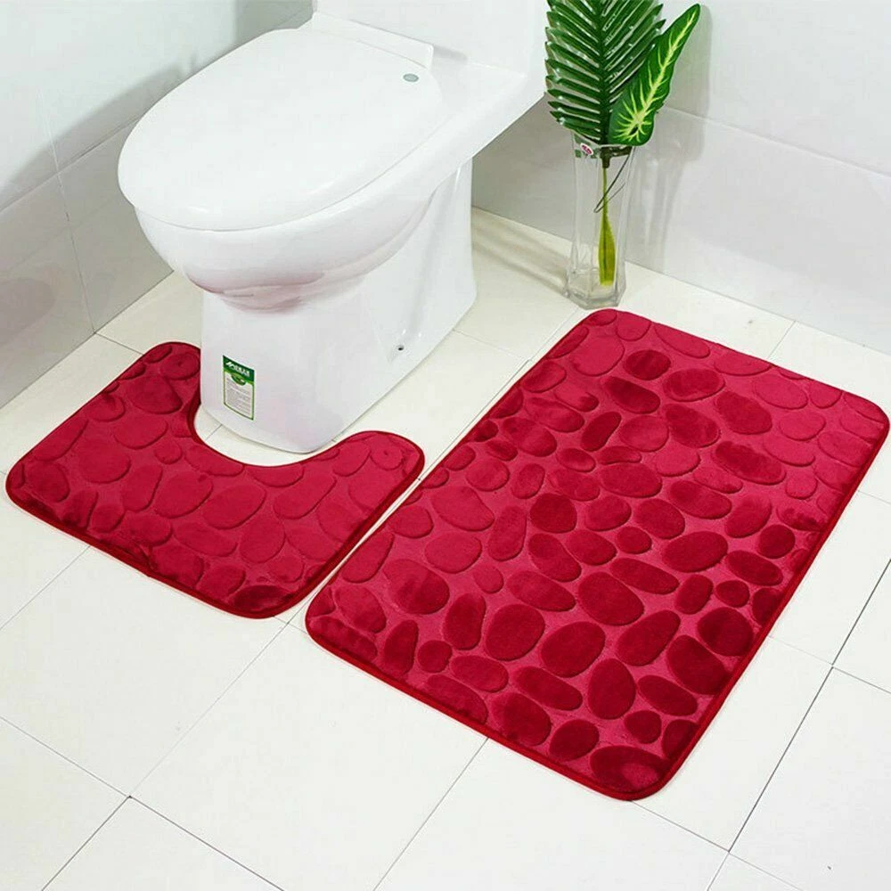 2-Piece Pebble Memory Foam Bathroom Rug Set - Soft Non-Slip Toilet Mat