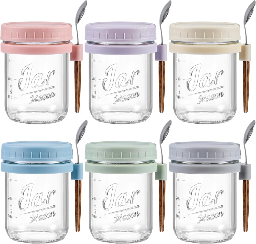 6-Pack 16 Oz Glass Mason Overnight Oats Jars with Lids & Spoons