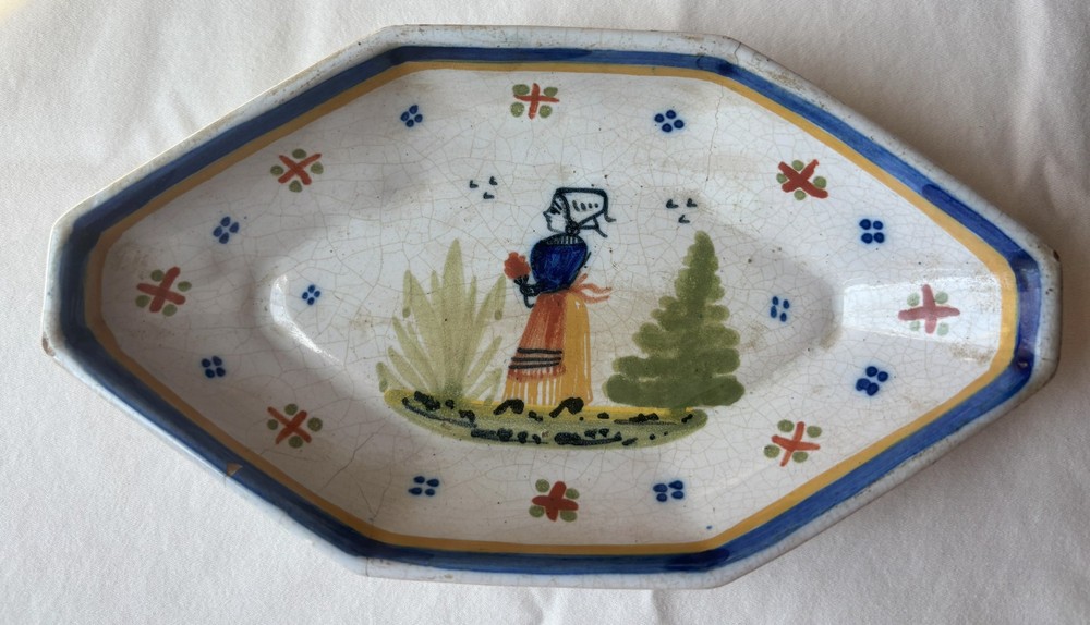 Vintage French Faience Hexagonal Dish – Hand‑Painted Breton Figure, Floral Sprig