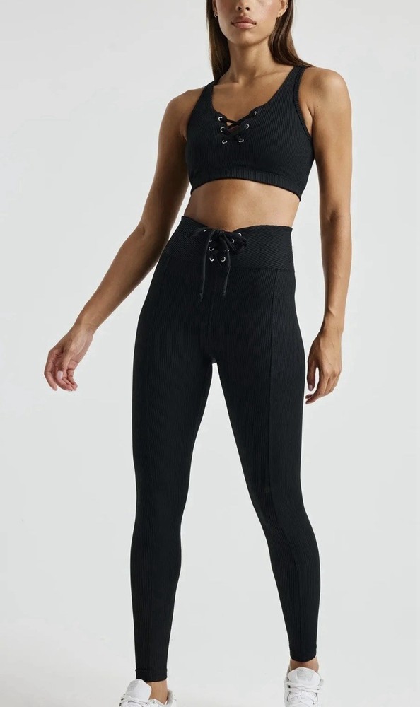 Year Of Ours Lace-Up Ribbed High Waist Ankle Leggings Black Size L