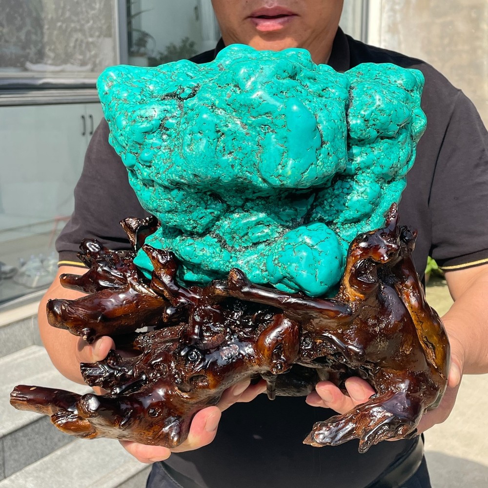 20.43LB Large Rough Blue Green Turquoise Quartz Mineral Specimen Wooden Base