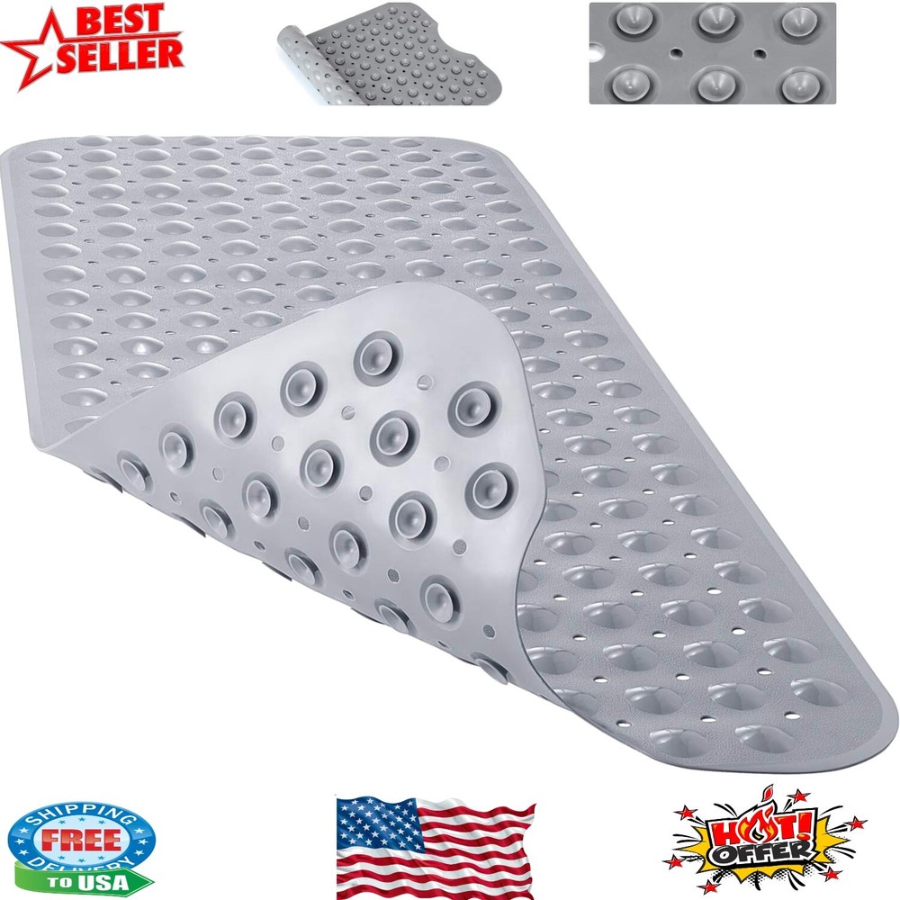 40x16 Non-Slip Bath Mat with Suction Cups, Extra Large Machine Washable Grey