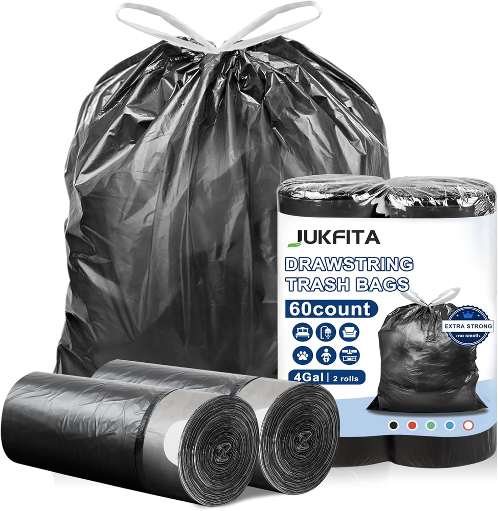 Small Trash Bags Drawstring,  Extra Strong 4 Gallon Garbage Bags, Unscented Tras