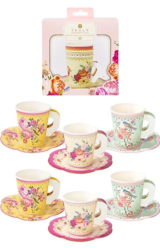 | 24 x Vintage Paper Floral Disposable Tea Cups & Saucer Set, Afternoon Tea