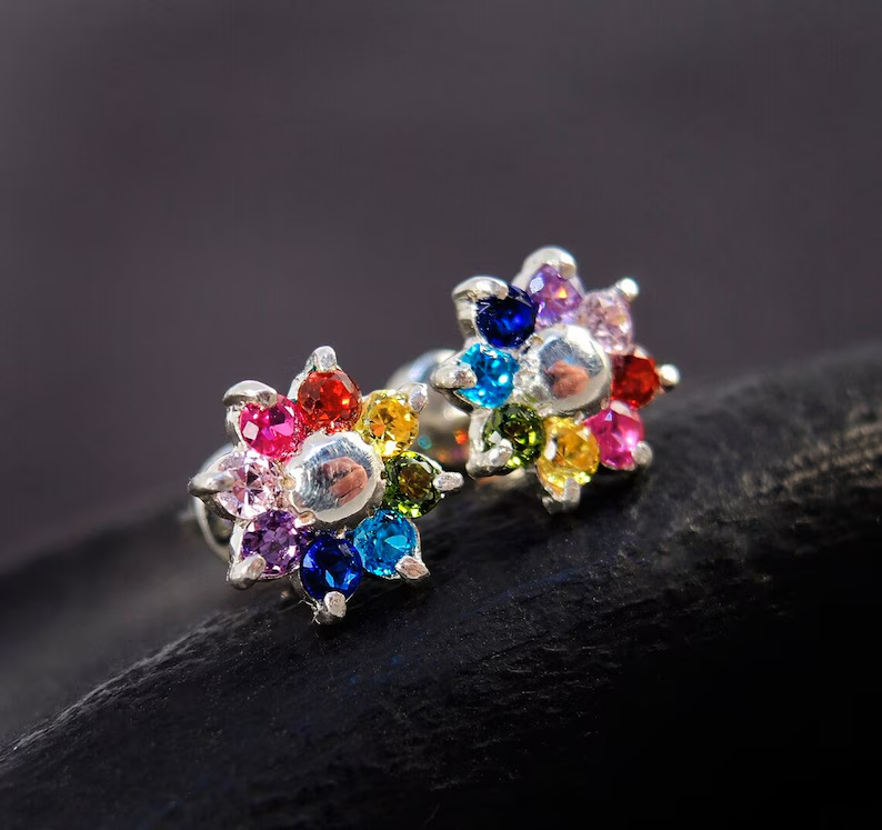 3ct Round Simulated Multi-Gemstone Floral Stud Earrings in Sterling Silver