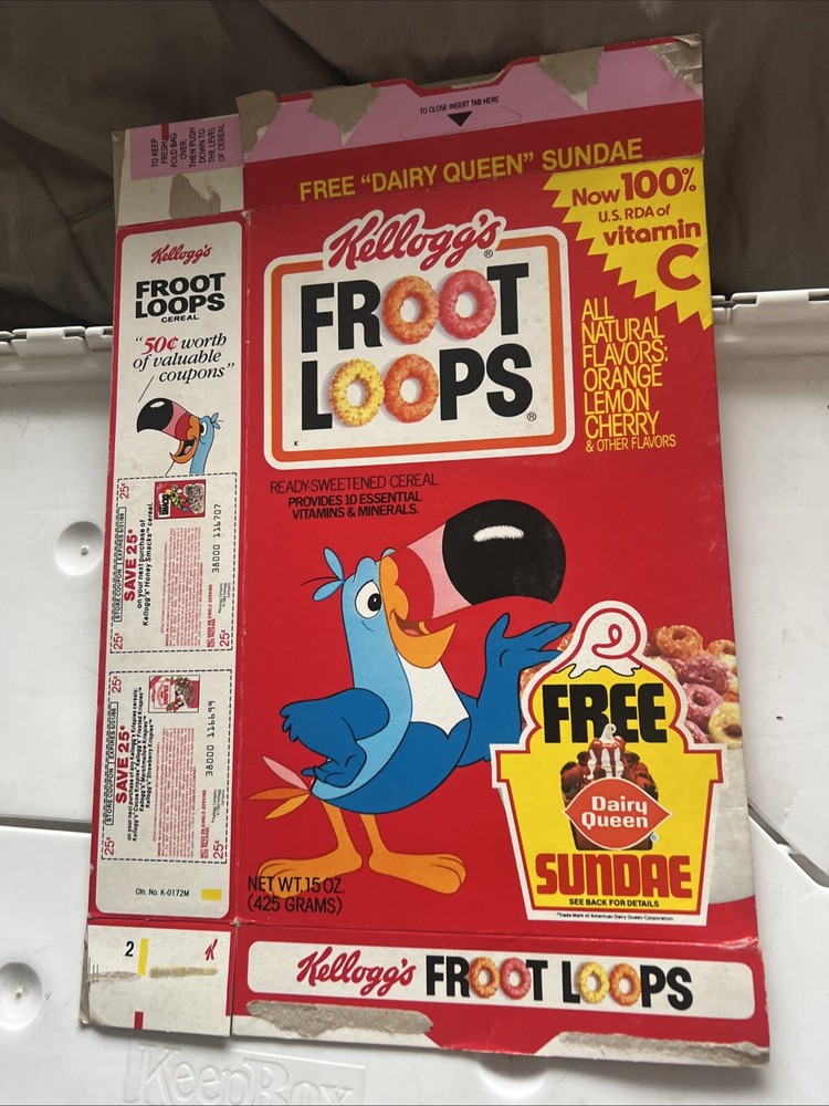 Vintage 1984 Kellogg’s Froot Loops Cereal Box with Dairy Queen Coupon-image
