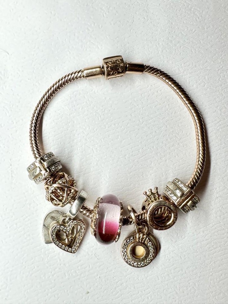 Pandora Bracelet 7-Charms 14K Rose Gold Sparkling Heart Rose Murano Glass