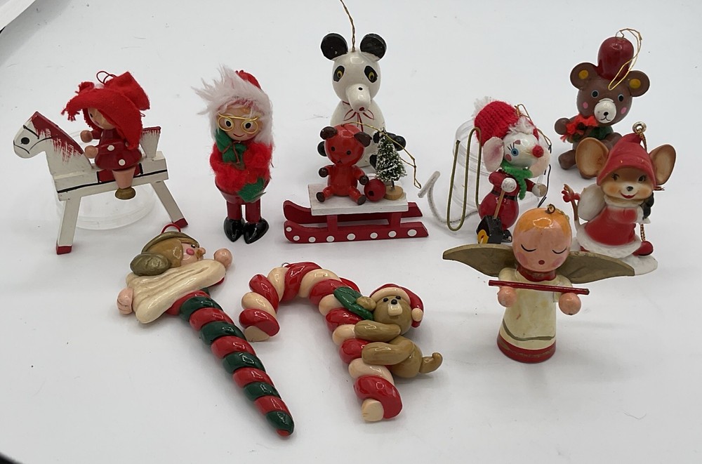 Lot Of 10 Vintage Christmas Ornaments Wood Animals Toy Soldier Deer Dutch Girl