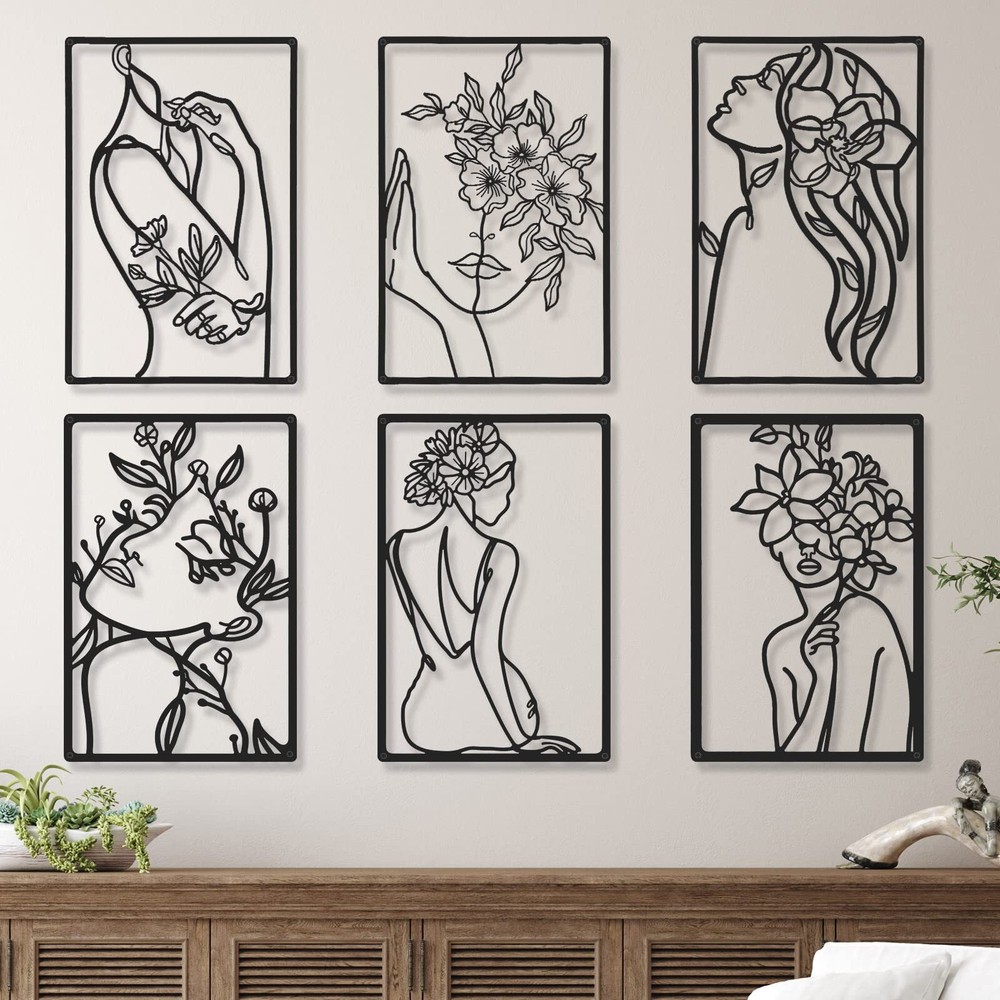6 Pieces Black Metal Wall Decor Modern Minimalist Abstract Woman Wall Art Aes...