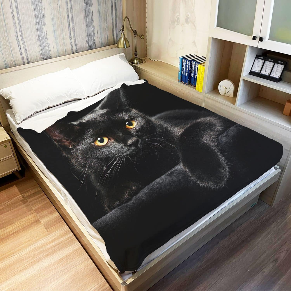 Black Cat Throw Blanket Modern Black Decorative Big Eyes Black Cat Flee