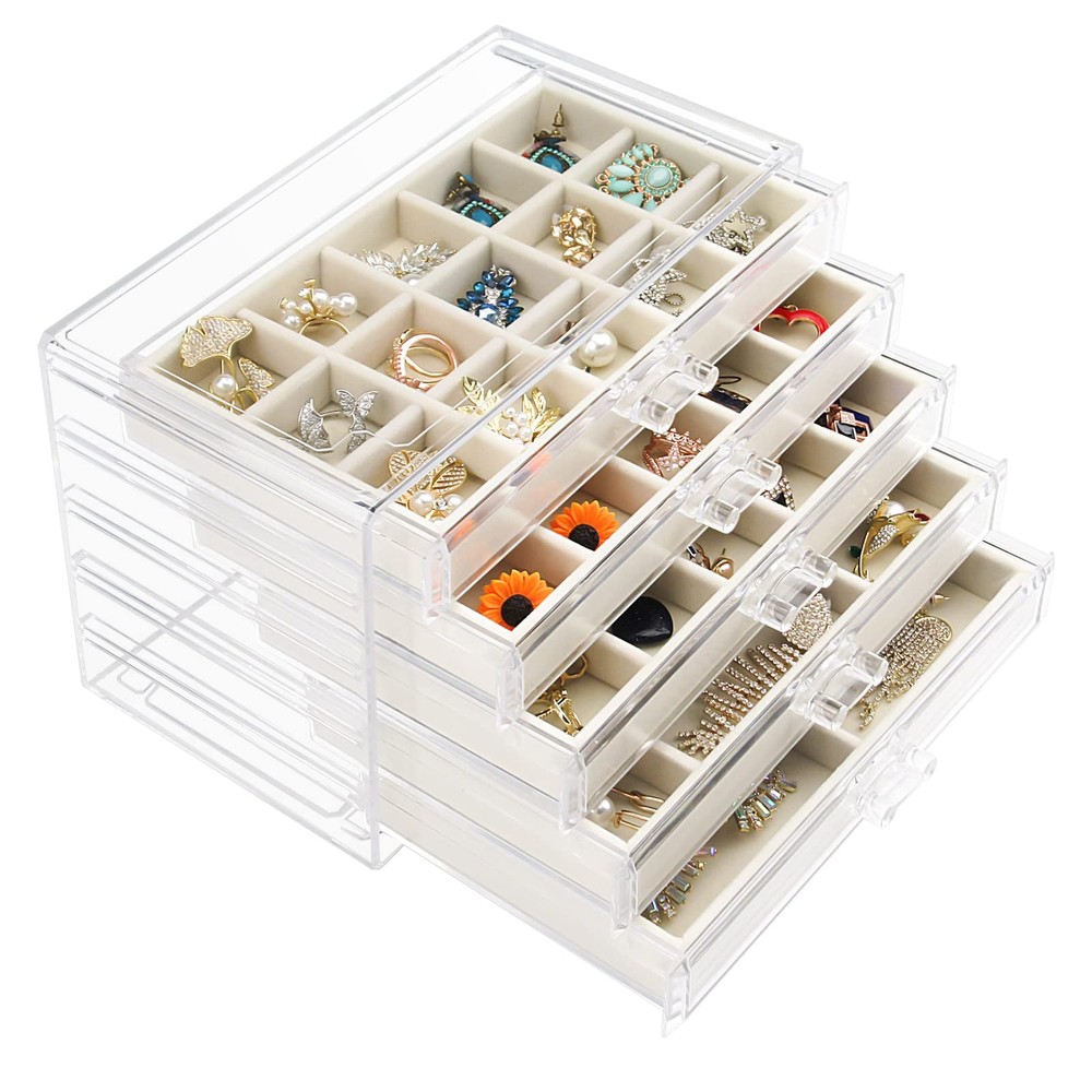 Acrylic 5-Drawer Jewelry Box Clear Earring Storage Organizer Display Case
