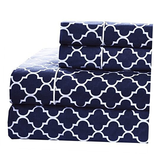 Meridian Navy White Brushed Sateen Cotton 5pc Queen Sheets Adjustable