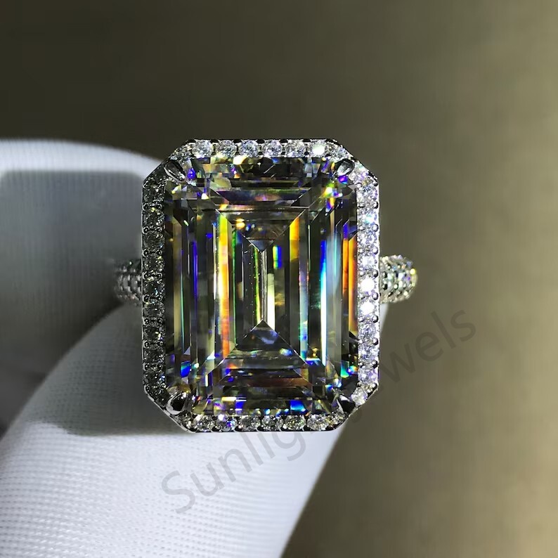 RARE 45.30 Ct Emerald Cut Certified Off White Treated Diamond 925 Silver Ring