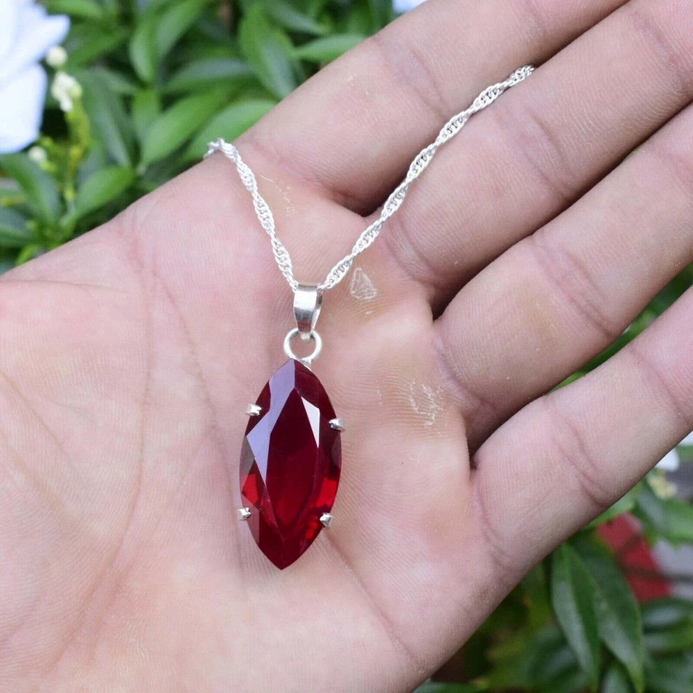 32 Ct Natural Red Ruby Pendant 925 Sterling Silver Marquise Gemstone Jewelry