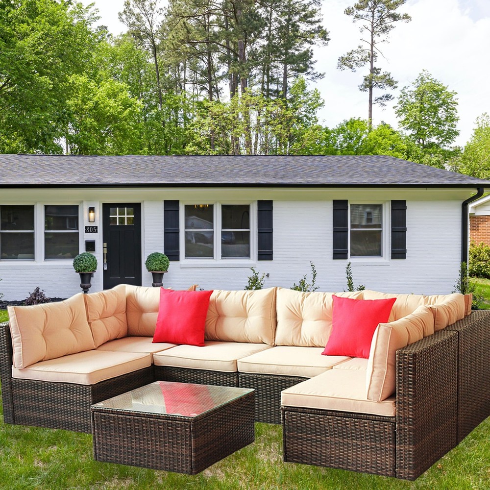  Table, Coffee Table, 2 Armchairs, 2 Single Sofas, Cushions Included  