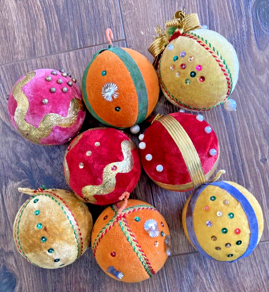 Vintage MCM Christmas Ornaments Velvet Balls Sequins Flocked Fuzzy Colors Ribbon Lot of 8