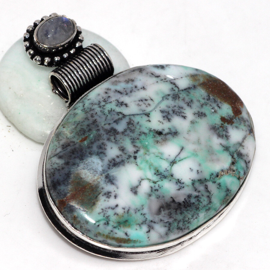 Green Dendritic Opal Rainbow Moonstone Pendant 2