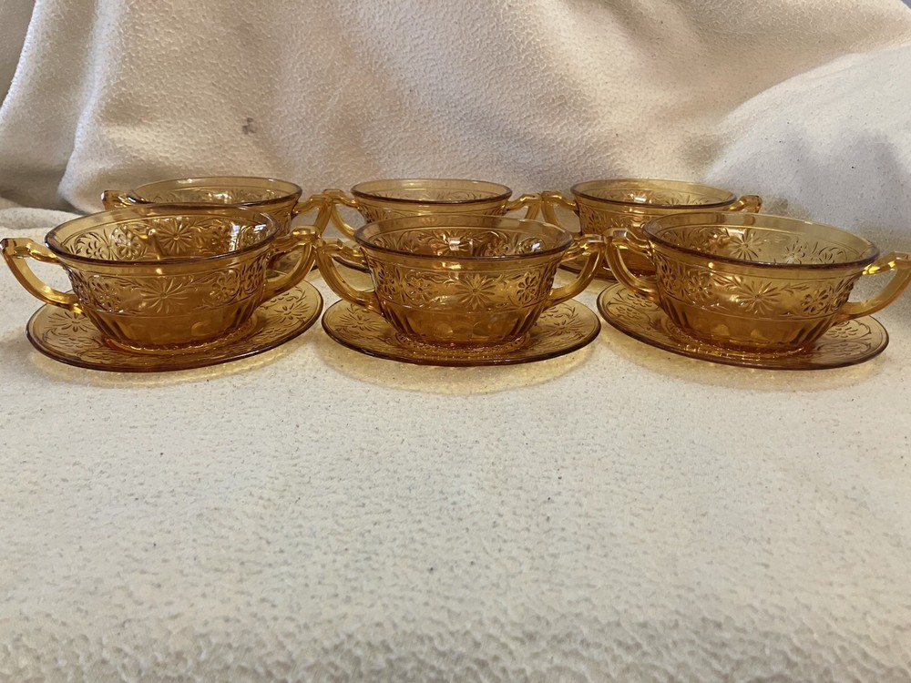 6-Piece Glass Daisy Amber Soup Bowls with 6 Matching Butter Plates Set