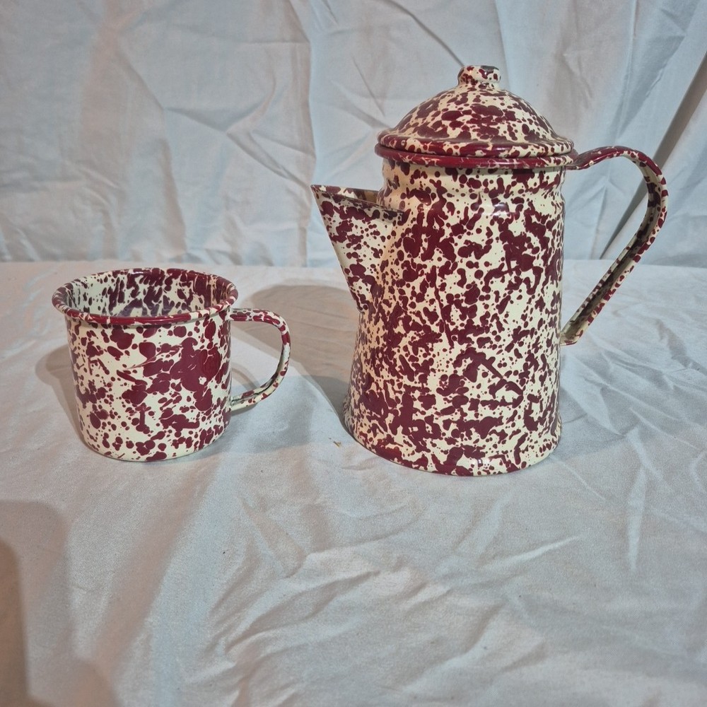 Vingage NOS CGS International Red White Enamel Ware Speckle Coffee Pot & Cup