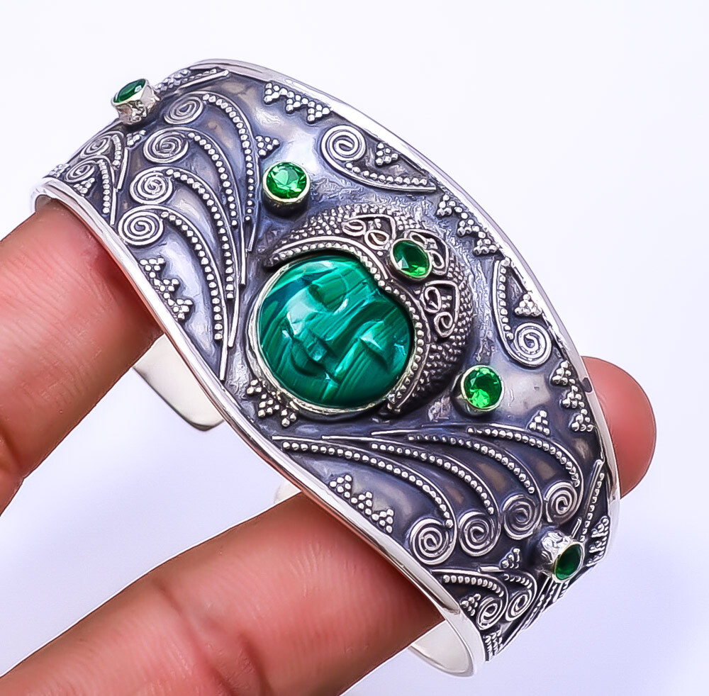 Malachite & Emerald (Simulated) 925 Sterling Silver Bali Cuff 6.99