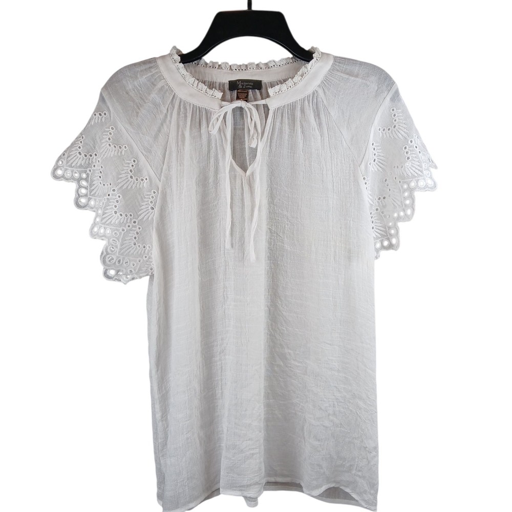 Women’s Peasant Blouse Eyelet Sleeves Medium White Sheer Gauze Boho Cottagecore