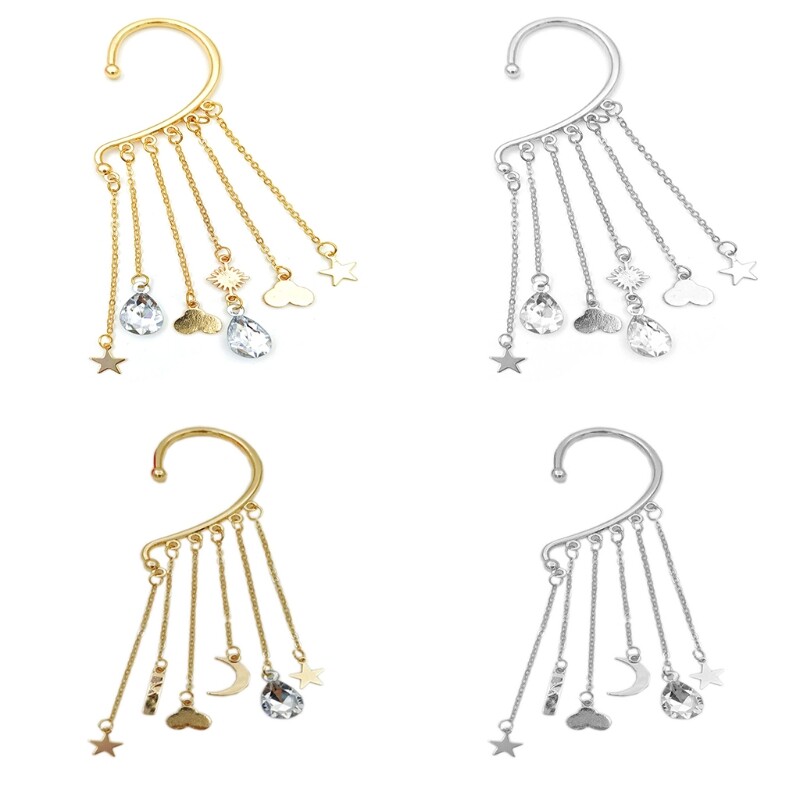 for Sun Moon Star Pendant Long Chain Tassel Crawling Hook Earring No-piercing