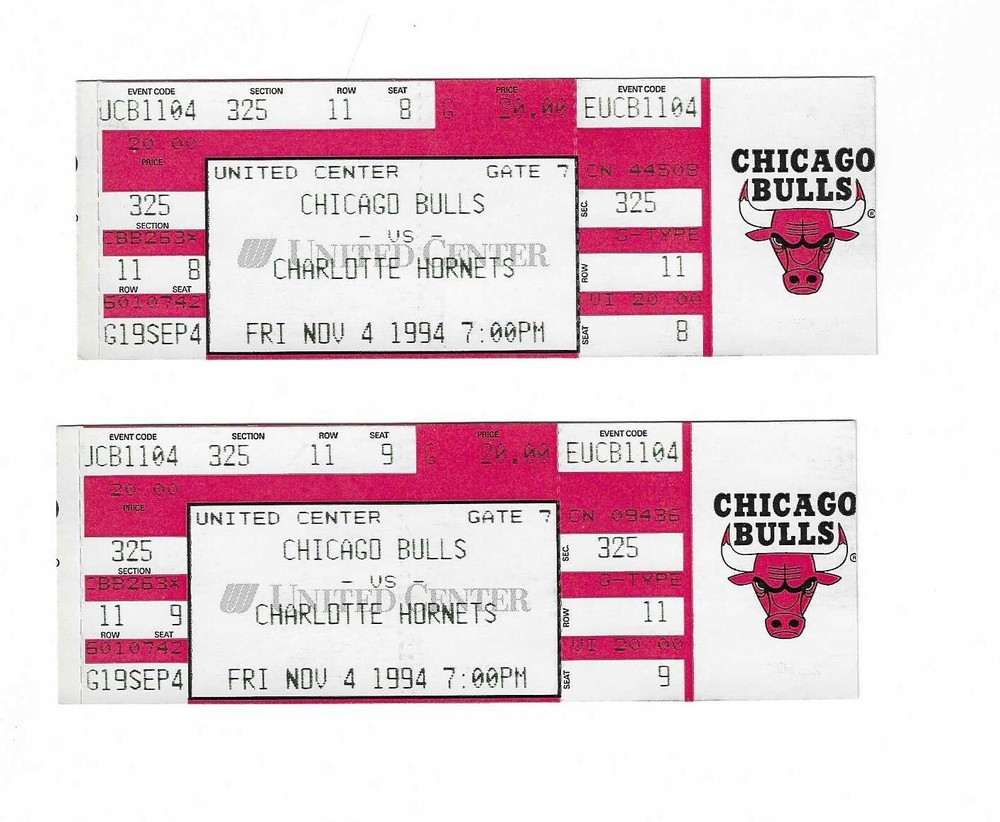 Chicago Bulls vs Charlotte Hornets Unused Basketball Tickets 11/4/1994