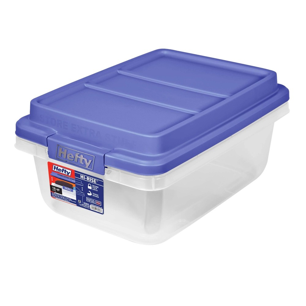 Hefty 18 Quart Clear Plastic Storage Bin with Blue Hi-Rise Lid for Adults